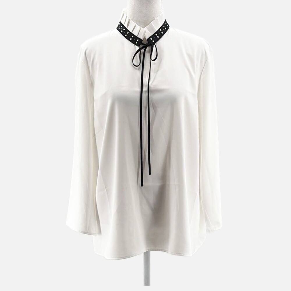 Ming Wang High Pleated Neck Blouse in White - Size Large